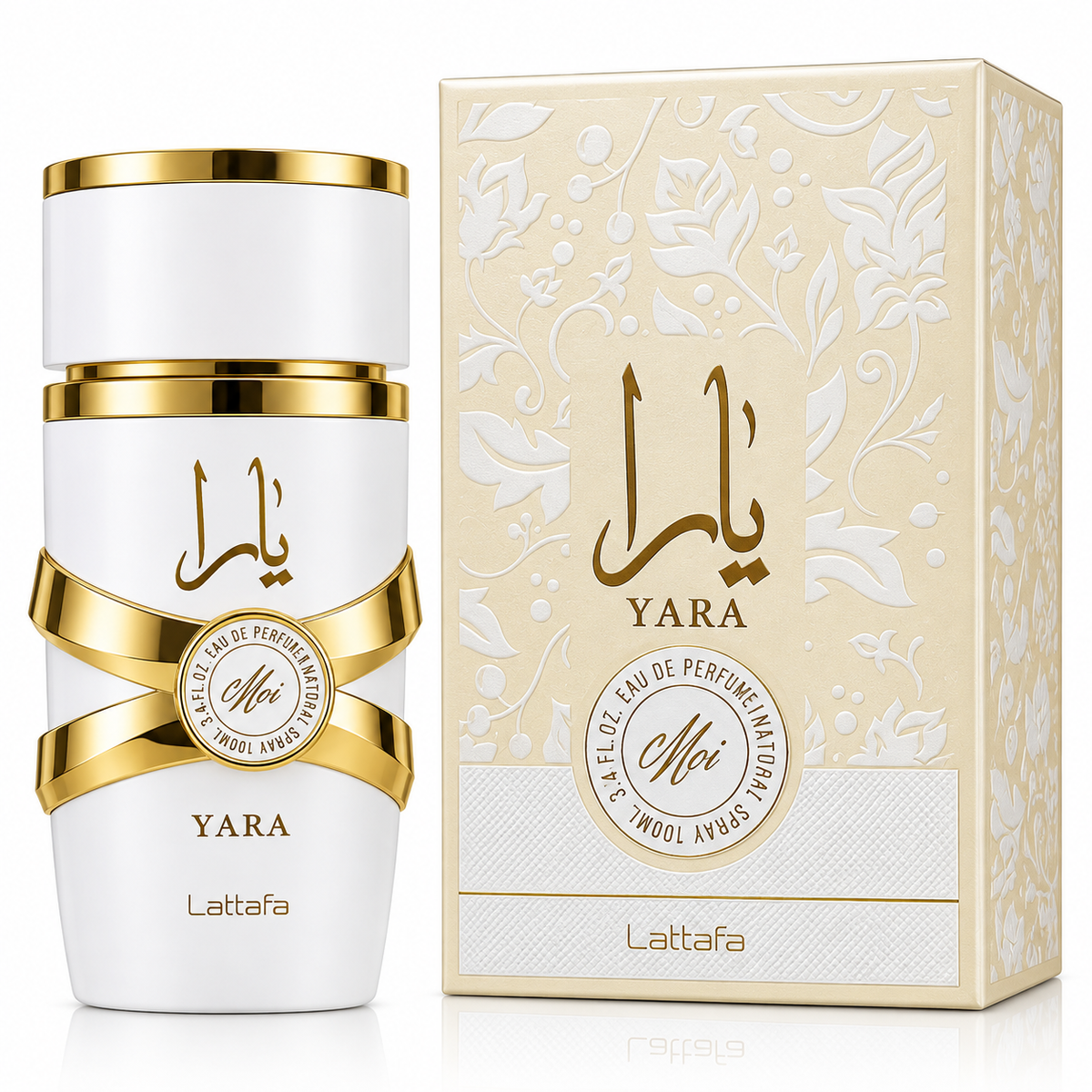 Lattafa Yara Eau de Parfum bottle and its matching decorative packaging box, featuring a white bottle with gold accents and a cream-colored box with white floral patterns.
