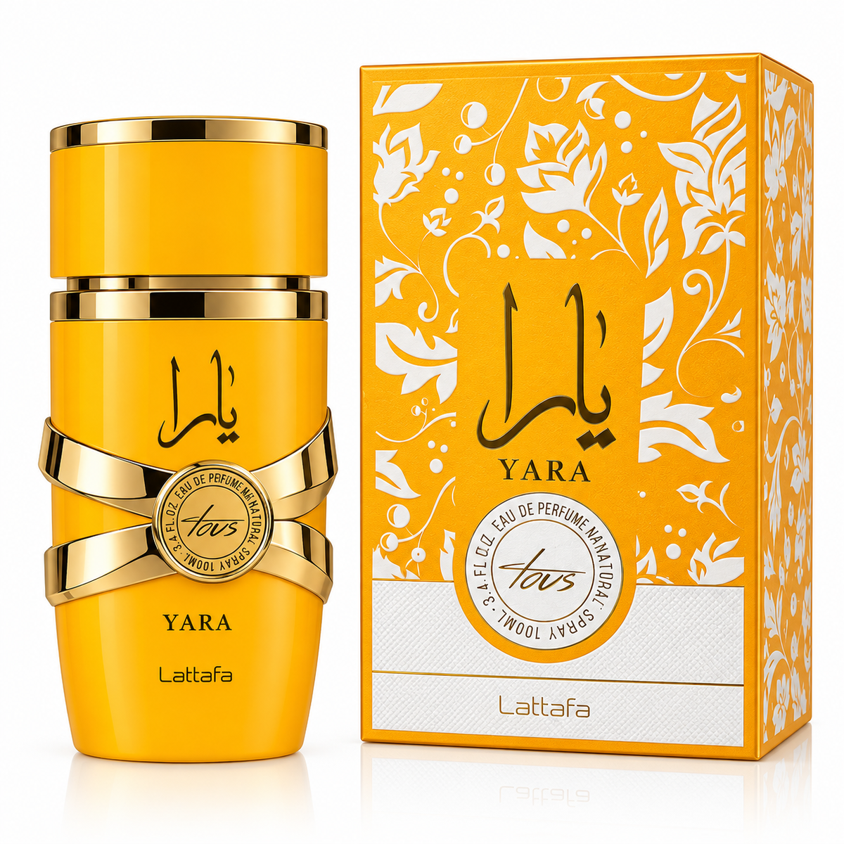 A yellow and gold Lattafa Yara perfume bottle displayed next to its matching yellow and white floral-patterned packaging box on a clean white background.