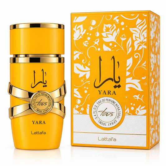 A yellow and gold Lattafa Yara perfume bottle displayed next to its matching yellow and white floral-patterned packaging box on a clean white background.