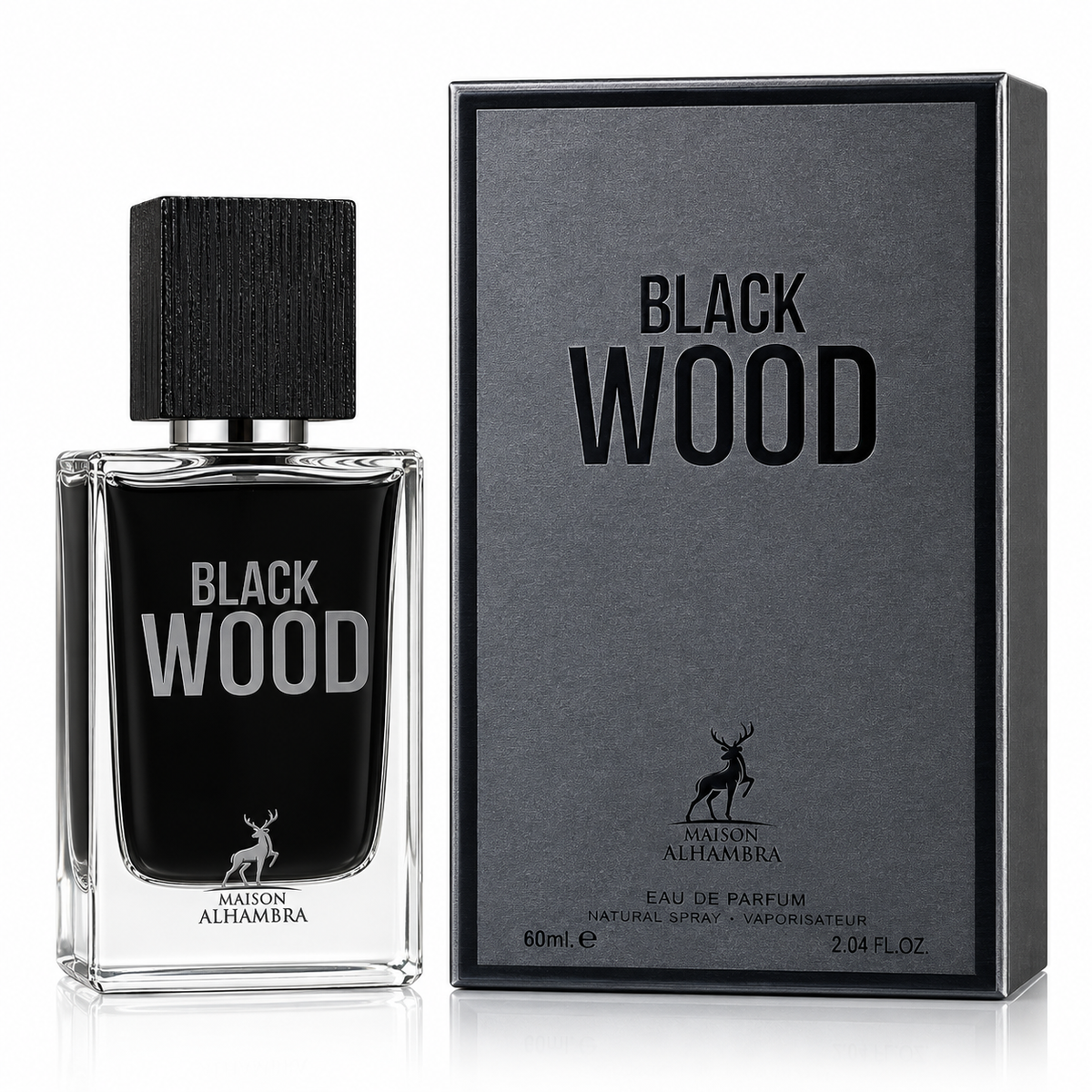 Maison Alhambra Black Wood Eau de Parfum 60ml bottle with a black cap next to its textured dark gray packaging box, on a white background.