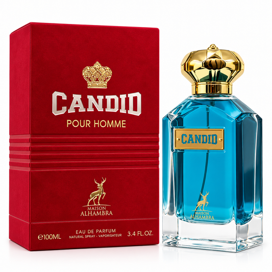 Candid Pour Homme eau de parfum by Scalpers, featuring a bright blue faceted glass bottle with a gold crown cap next to its textured red packaging box with gold lettering.