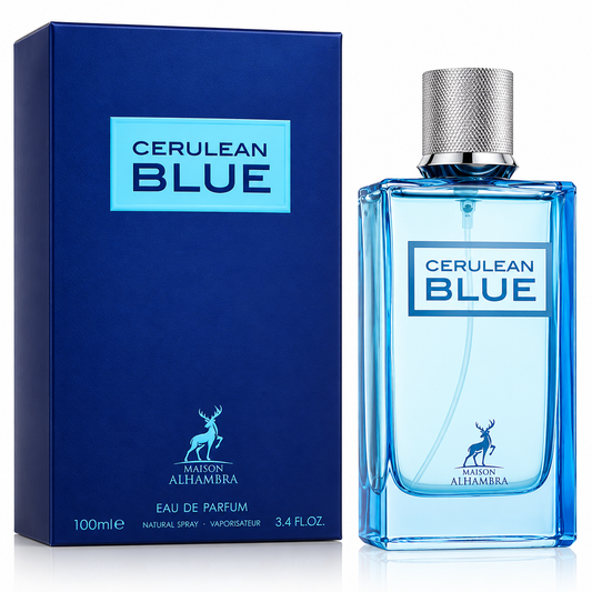 Maison Alhambra Cerulean Blue Eau de Parfum bottle and its blue packaging box, displayed on a clean white background.