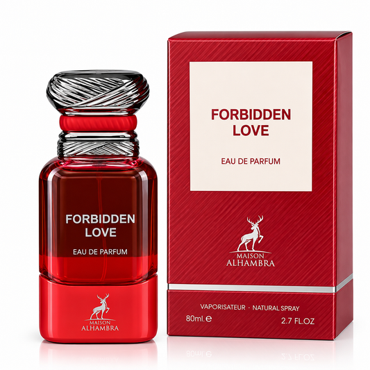 A bottle of Marion Alhambra Forbidden Love Eau de Parfum next to its red packaging box on a white background.