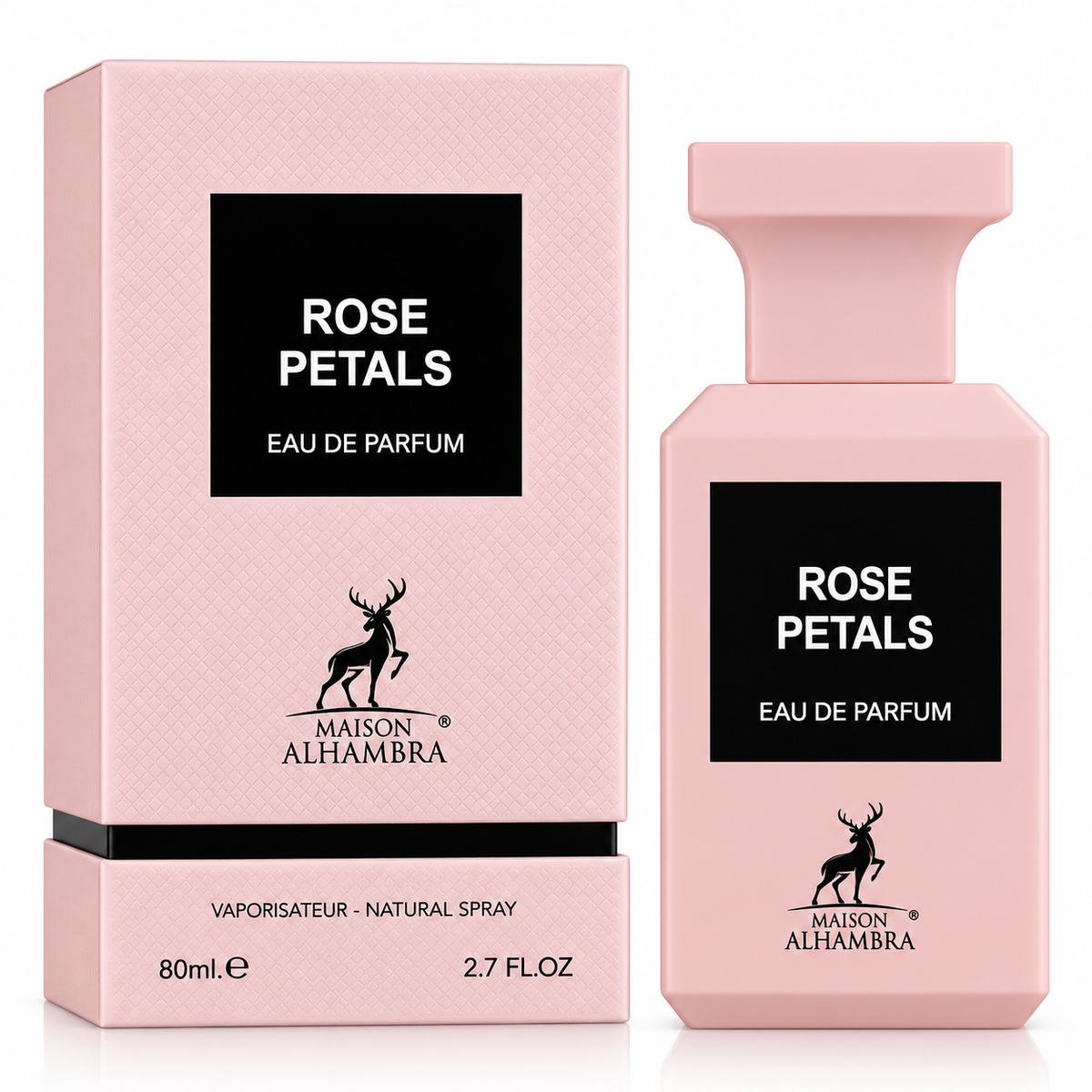 Maison Alhambra Rose Petals Eau de Parfum shown with its pink textured box and matching perfume bottle on a clean white background.