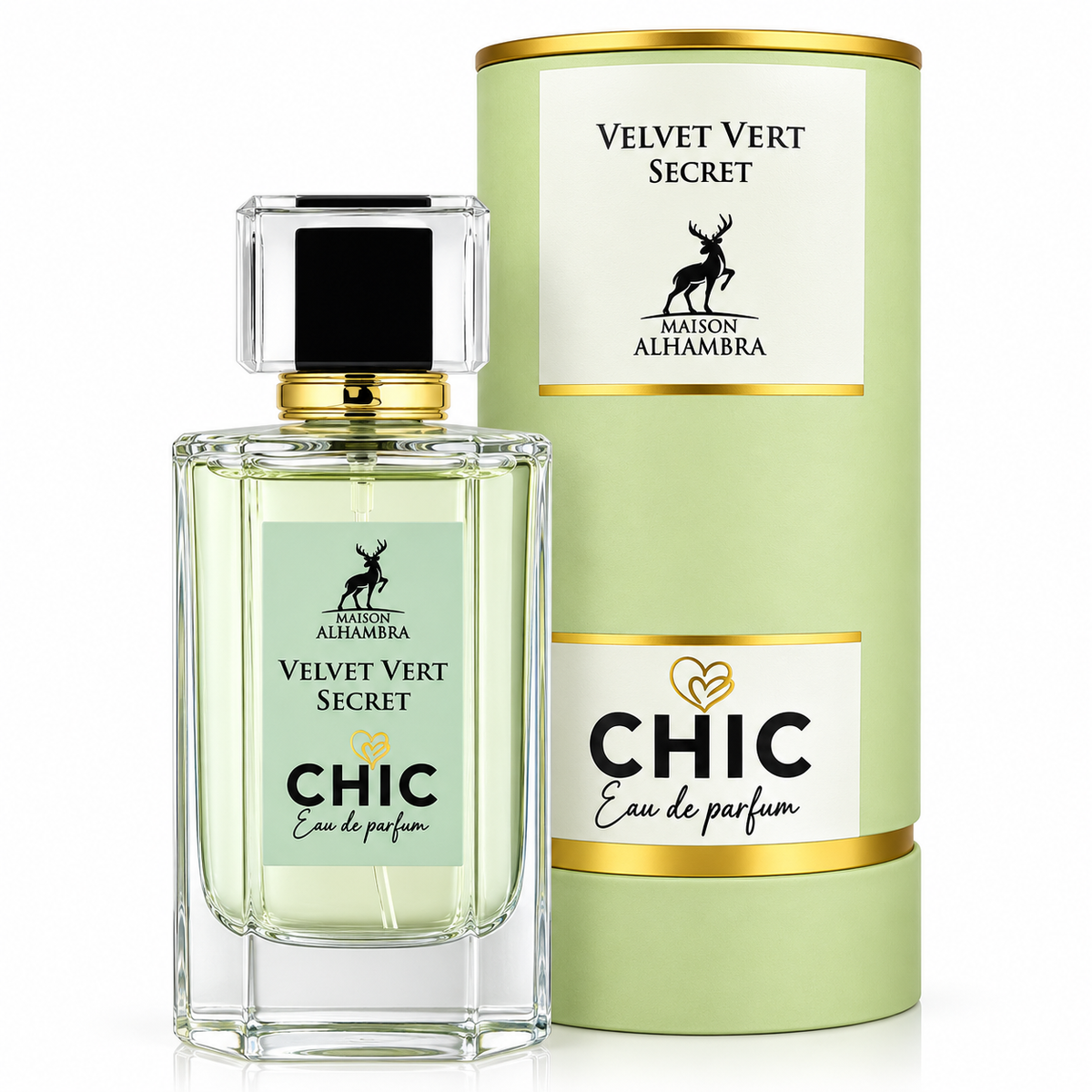 A clear glass perfume bottle with a black cap and gold collar stands beside a pale green cylindrical box. Both labels read Maison Alhambra Velvet Vert Secret, with CHIC Eau de parfum printed on the front.