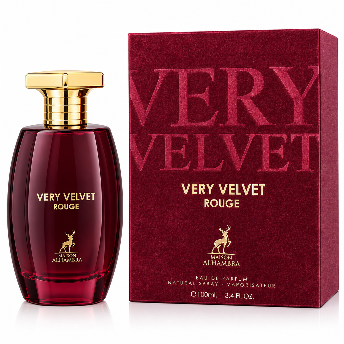 Maison Alhambra Very Velvet Rouge Eau de Parfum bottle next to its textured burgundy box, featuring gold lettering and a gold cap on a white background.