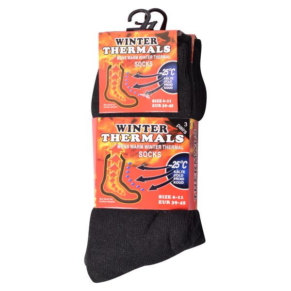 3 pairs of black winter thermal socks with retail packaging, shown against a plain white background. The packaging features a bright orange and red design with text reading 'WINTER THERMALS' and 'WARM WINTER THERMAL SOCKS'.