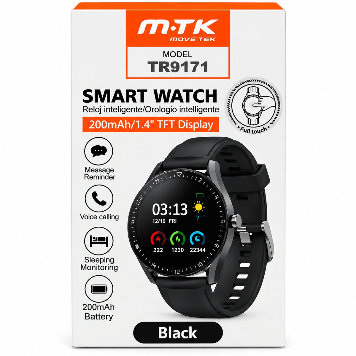 A white retail box for a Move Tek smart watch, model TR9171. The packaging features an image of a black smart watch with a black strap and displays key features like message reminder, voice calling, sleeping monitoring, and 200mAh battery life.