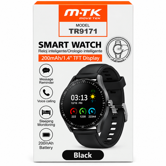 A white retail box for a Move Tek smart watch, model TR9171. The packaging features an image of a black smart watch with a black strap and displays key features like message reminder, voice calling, sleeping monitoring, and 200mAh battery life.