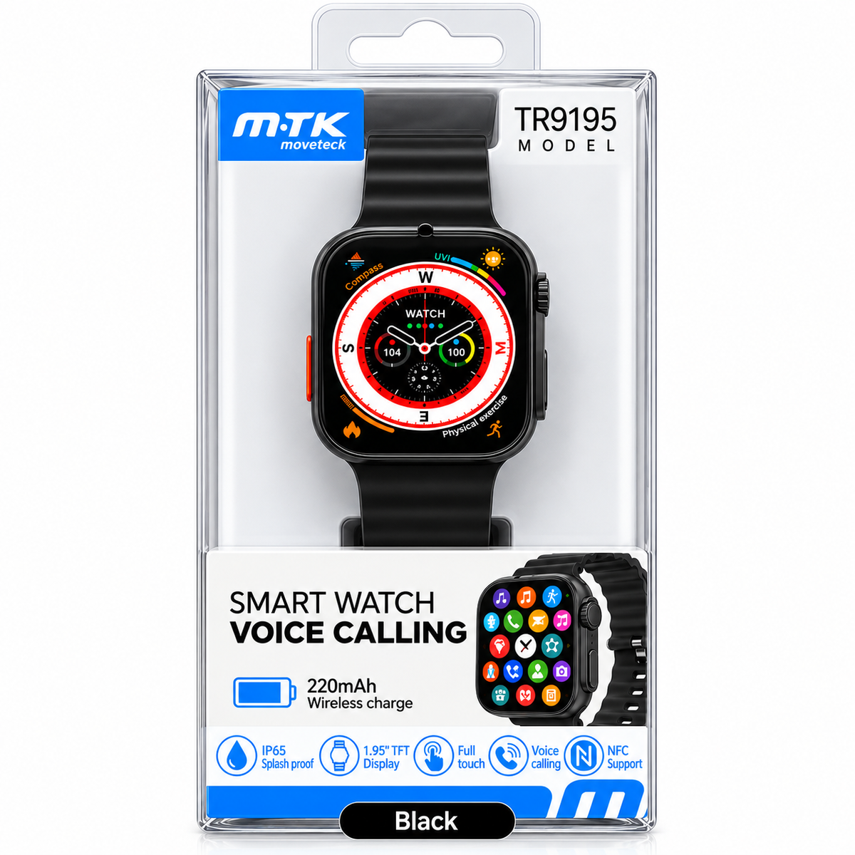 Black smart watch in its original retail packaging, featuring a matte black strap and a digital display showing a colorful watch face. The packaging is branded with 'M-CK moviteck' and highlights features like 'SMART WATCH VOICE CALLING' and '220mAh Wireless charge'.