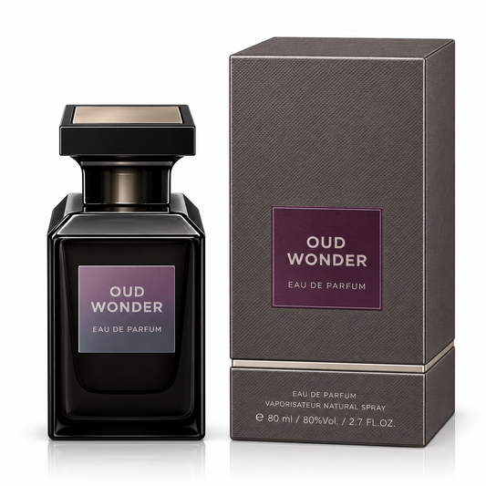 Oud Wonder Eau de Parfum bottle in a dark glass bottle with a black cap, shown next to its textured dark brown packaging box on a white background.