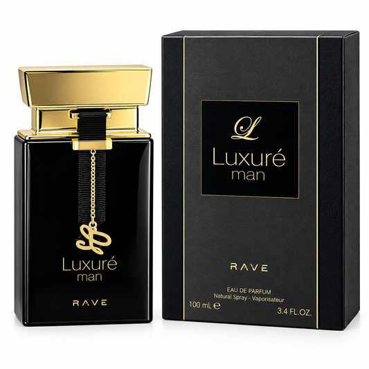 Luxuré man Rave Eau de Parfum bottle and its black packaging box with gold lettering, set against a clean white background.