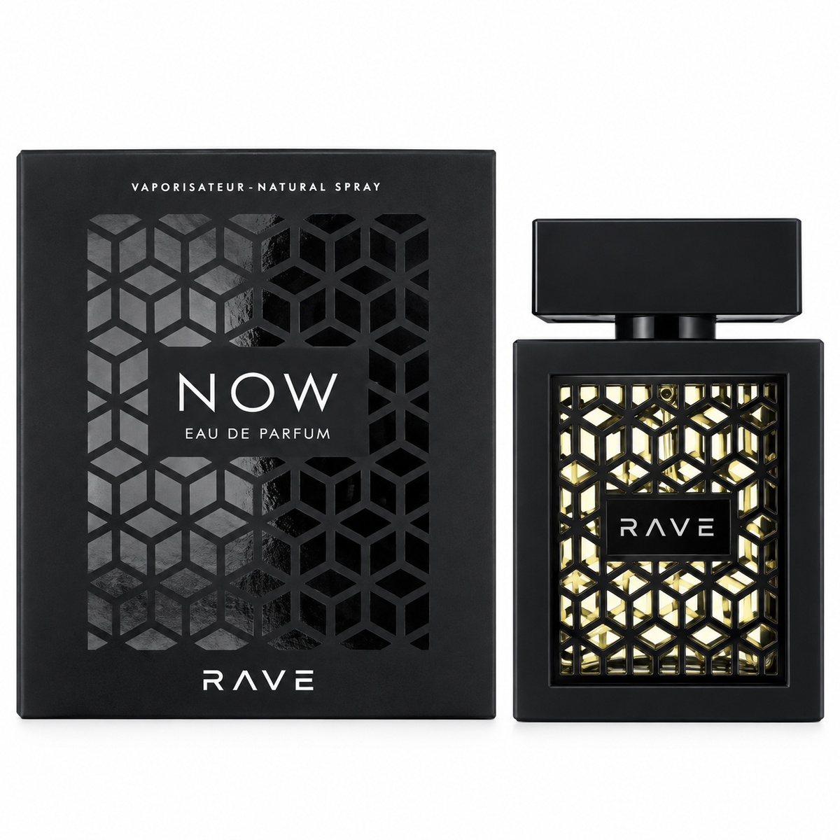 RAVE NOW Eau de Parfum bottle and its black packaging box, featuring a geometric gold and black pattern on a clean white background.