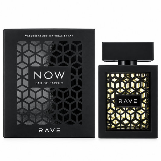 RAVE NOW Eau de Parfum bottle and its black packaging box, featuring a geometric gold and black pattern on a clean white background.