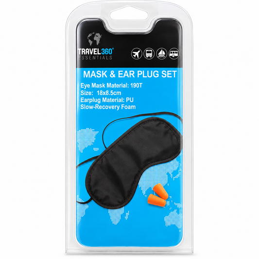 Travel 360 Essentials mask and ear plug set in retail packaging, featuring a black sleep mask and orange earplugs on a bright blue card with a clear plastic sleeve.