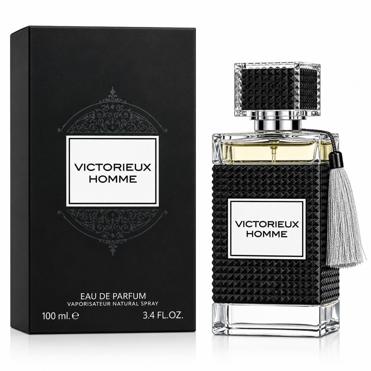 Victorieux Homme Eau de Parfum 100ml bottle with its black packaging box, featuring a textured black pattern, clear glass, and a silver tassel.