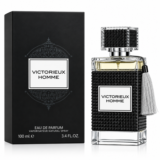 Victorieux Homme Eau de Parfum 100ml bottle with its black packaging box, featuring a textured black pattern, clear glass, and a silver tassel.