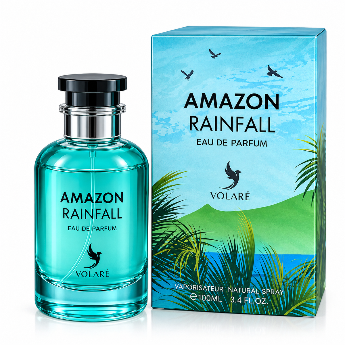 A bottle of Volaré Amazon Rainfall Eau de Parfum in a translucent turquoise glass bottle, shown next to its blue and green tropical-themed packaging box on a white background.