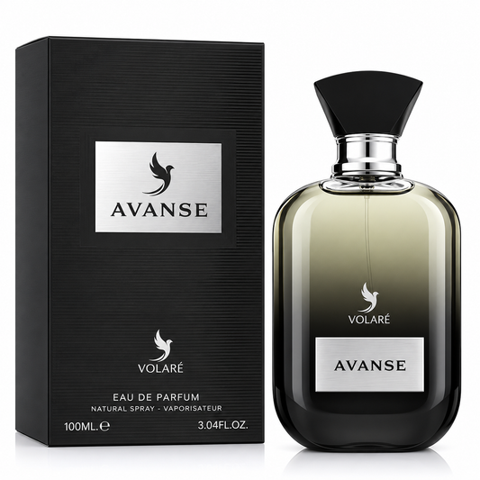 A bottle of Volaré Avanse Eau de Parfum next to its black packaging box, featuring a dark gradient glass bottle and a black cap on a white background.