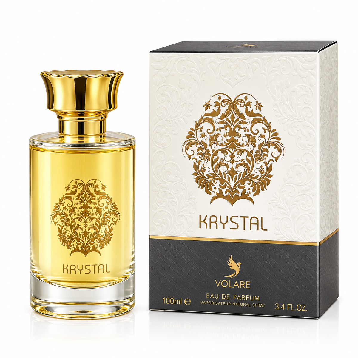 A bottle of Volare Krystal Eau de Parfum with a gold cap and golden liquid, shown next to its white and gold packaging box on a white background.