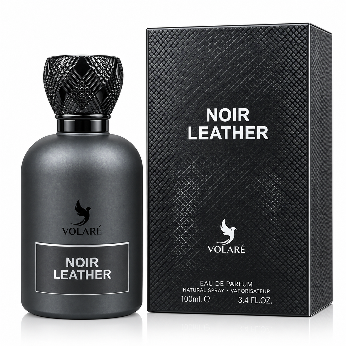 A matte black perfume bottle with a textured black cap stands next to its matching black packaging box. The labels read 'VOLARÉ' and 'NOIR LEATHER' in white text.