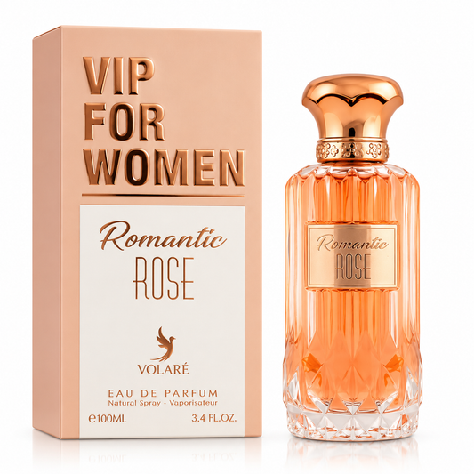 Volaré VIP FOR WOMEN Romantic Rose Eau de Parfum, showing the peach-colored packaging box and the matching faceted glass perfume bottle with a metallic rose-gold cap on a white background.