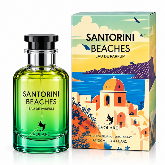 Volare Santorini Beaches Eau de Parfum bottle in green glass next to its illustrated retail box, featuring a Mediterranean coastal scene with orange buildings, blue sea, and a yellow sky.