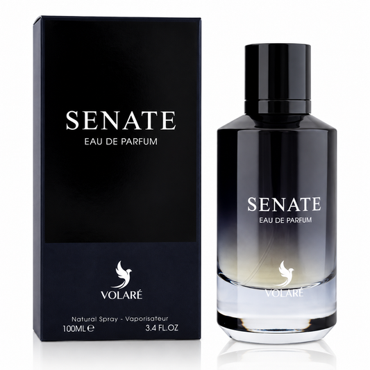 Volareà Senate Eau De Parfum 100ml bottle with a black-to-clear gradient finish, shown next to its black packaging box with silver lettering.