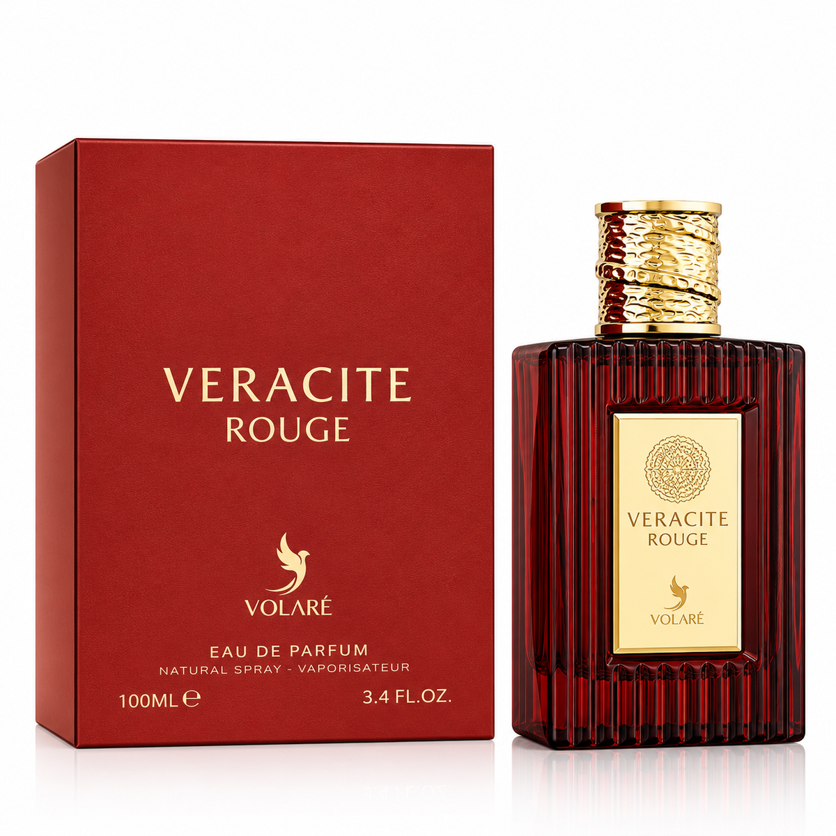 Veracite Rouge Eau de Parfum by Volare, featuring a dark red ribbed glass bottle with a gold label and textured gold cap, next to its matching dark red box with gold lettering.