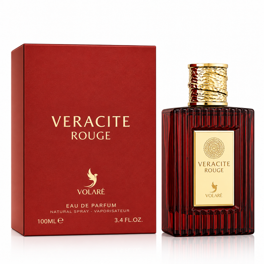 Veracite Rouge Eau de Parfum by Volare, featuring a dark red ribbed glass bottle with a gold label and textured gold cap, next to its matching dark red box with gold lettering.
