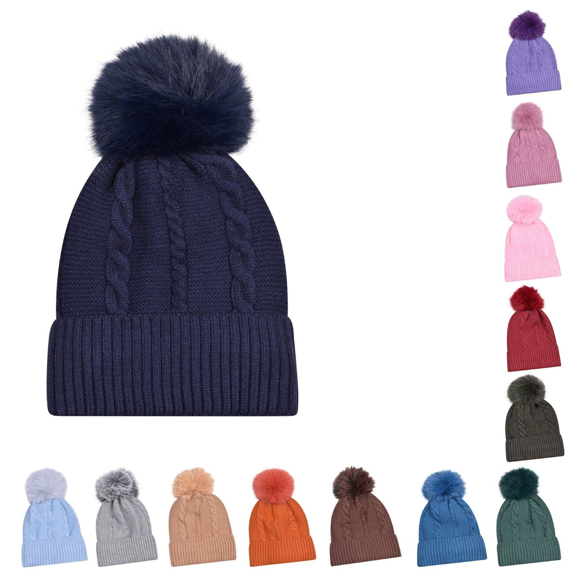 A navy blue cable-knit beanie with a large faux-fur pom-pom, shown on a white background with smaller color variants along the right and bottom edges.