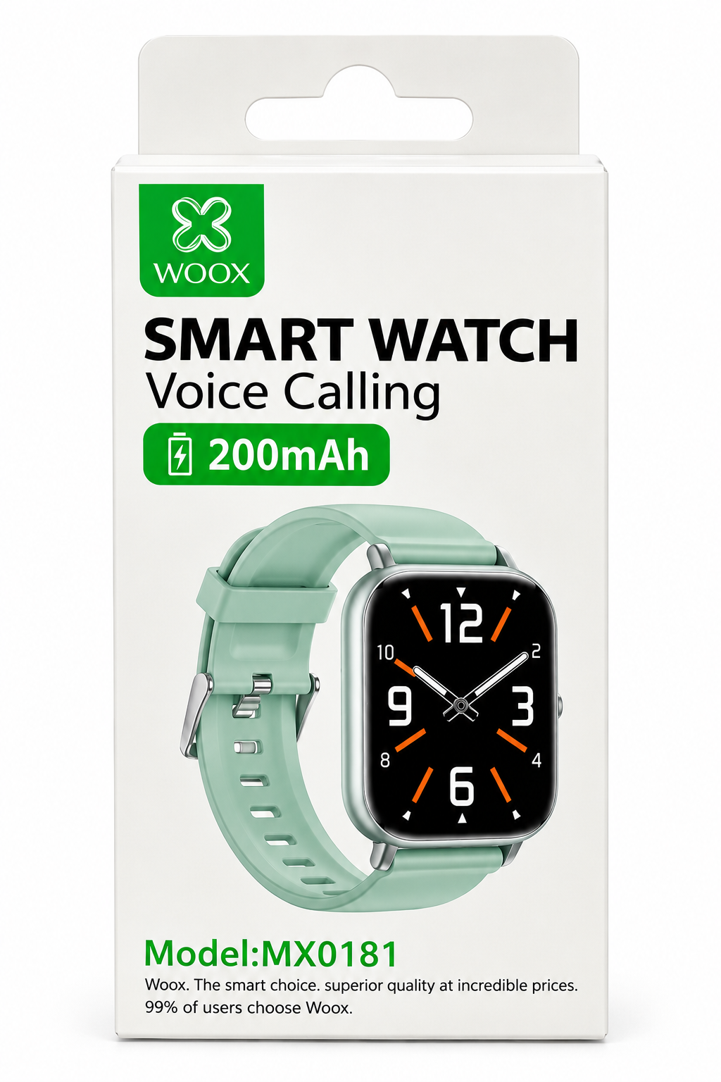 Woox smart watch voice calling replacement battery pack, model MX0181, in its original white retail packaging. The packaging features a mint green strap smart watch graphic and text indicating a 200mAh battery.